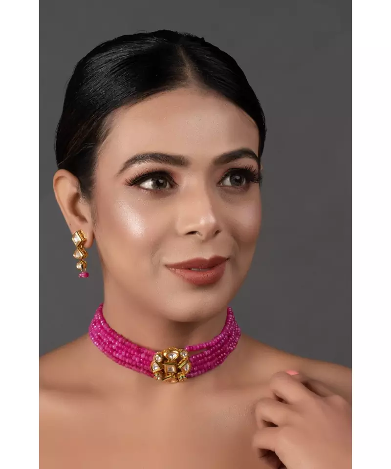 Pink Gold Tone Kundan Beaded Choker Necklace with earrings