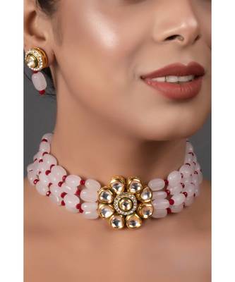 Pink Maroon Gold Tone Kundan Choker With Earrings 1