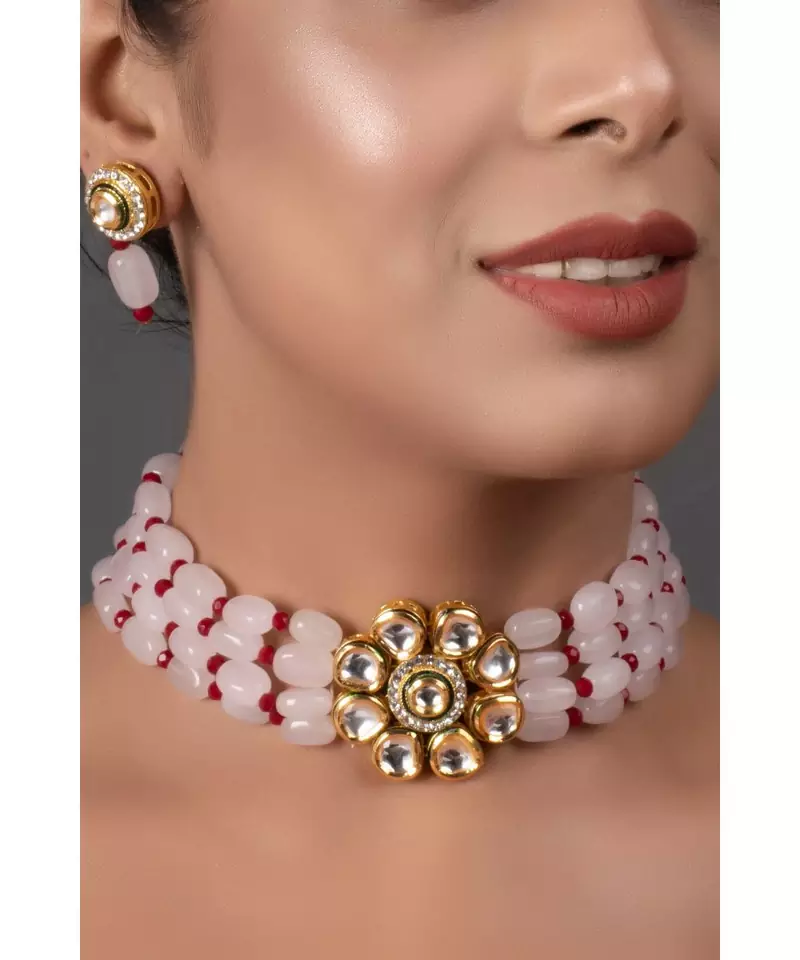 Pink mahroon beaded Gold Tone Kundan Inspired choker necklace with earrings