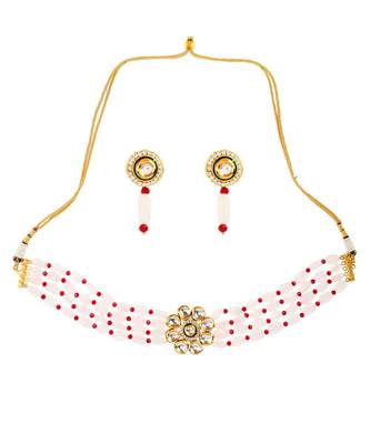 Pink Maroon Gold Tone Kundan Choker With Earrings 2