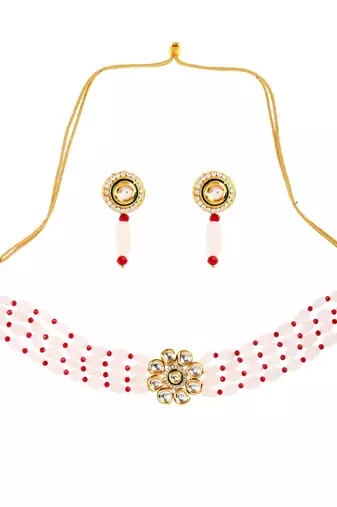Pink Maroon Gold Tone Kundan Choker With Earrings