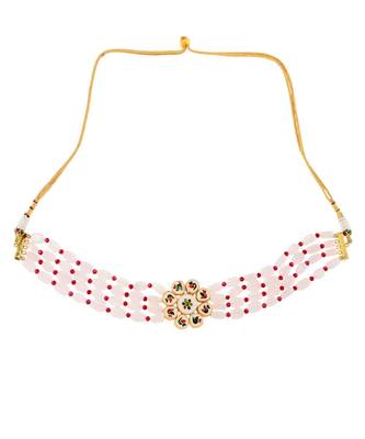 Pink Maroon Gold Tone Kundan Choker With Earrings 3