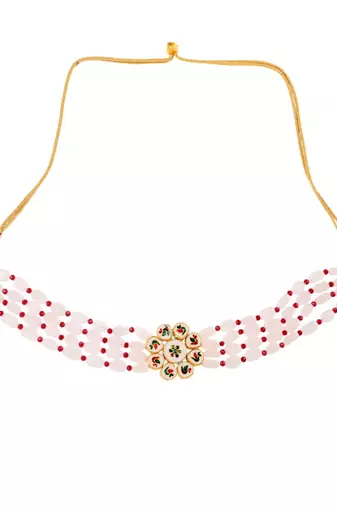 Pink Maroon Gold Tone Kundan Choker With Earrings