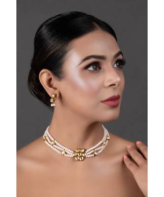 White Gold Tone Kundan Onyx Choker Necklace With Earrings 1