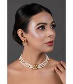 White Gold Tone Kundan Onyx Choker Necklace With Earrings