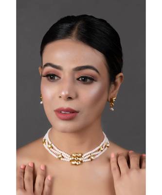 White Gold Tone Kundan Onyx Choker Necklace With Earrings 2