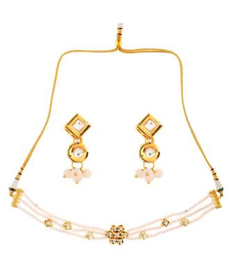White Gold Tone Kundan Onyx Choker Necklace With Earrings 3