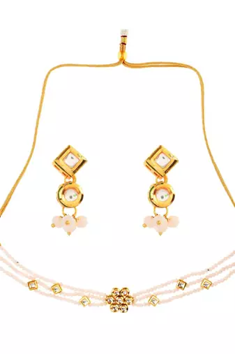 White Gold Tone Kundan Onyx Choker Necklace With Earrings
