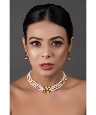 White Gold Tone Kundan Onyx Choker Necklace With Earrings 5