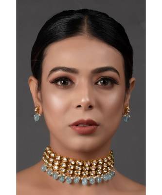 Blue Gold Tone Kundan Beaded Choker Necklace with earrings 1