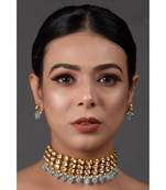 Blue Gold Tone Kundan Beaded Choker Necklace with earrings
