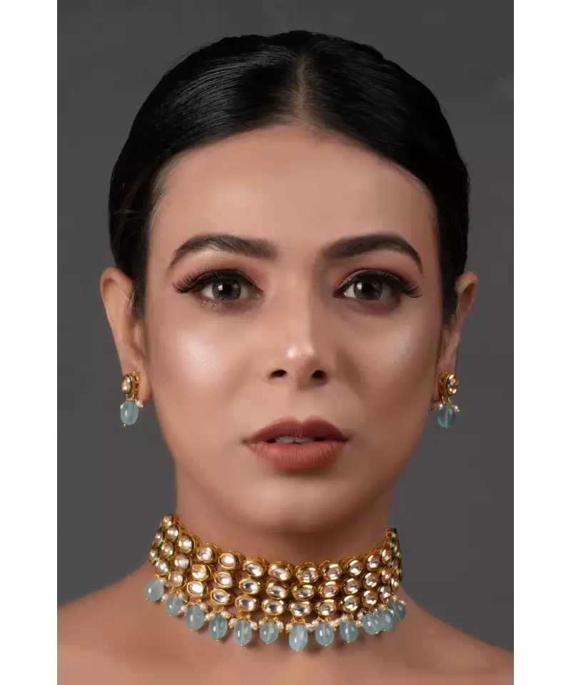Blue Gold Tone Kundan Beaded Choker Necklace with earrings