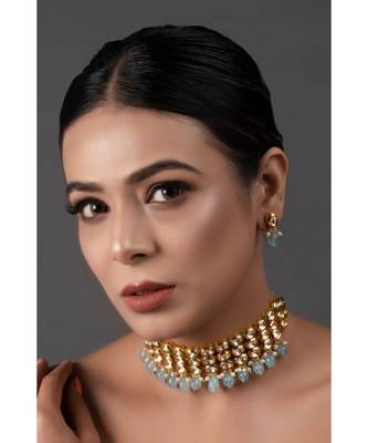 Blue Gold Tone Kundan Beaded Choker Necklace with earrings 2