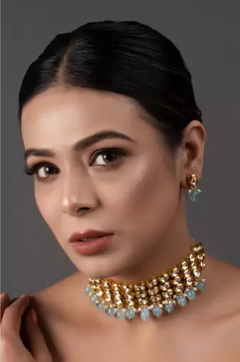 Blue Gold Tone Kundan Beaded Choker Necklace with earrings
