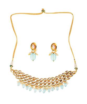 Blue Gold Tone Kundan Beaded Choker Necklace with earrings 3