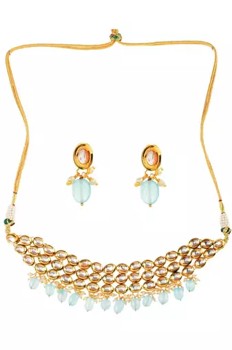 Blue Gold Tone Kundan Beaded Choker Necklace with earrings