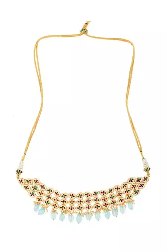 Blue Gold Tone Kundan Beaded Choker Necklace with earrings