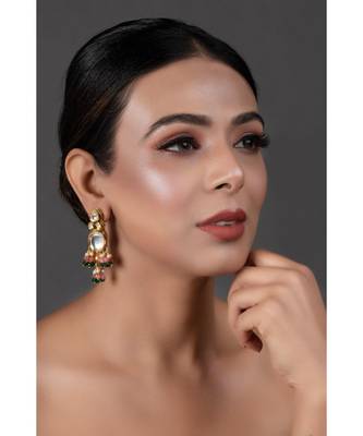 Pink Green Gold Tone Kundan Earrings 1