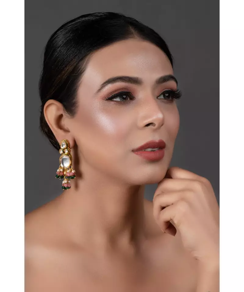 Pink Green Gold Tone Kundan Earrings