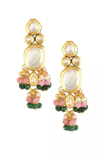 Pink Green Gold Tone Kundan Earrings