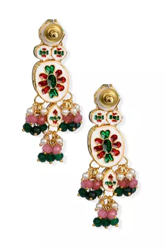 Pink Green Gold Tone Kundan Earrings