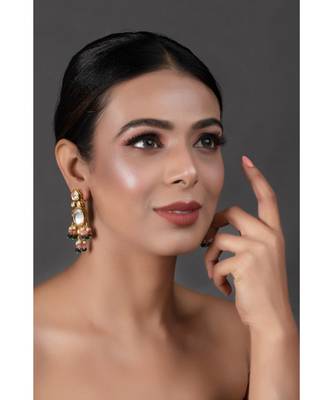 Pink Green Gold Tone Kundan Earrings 4