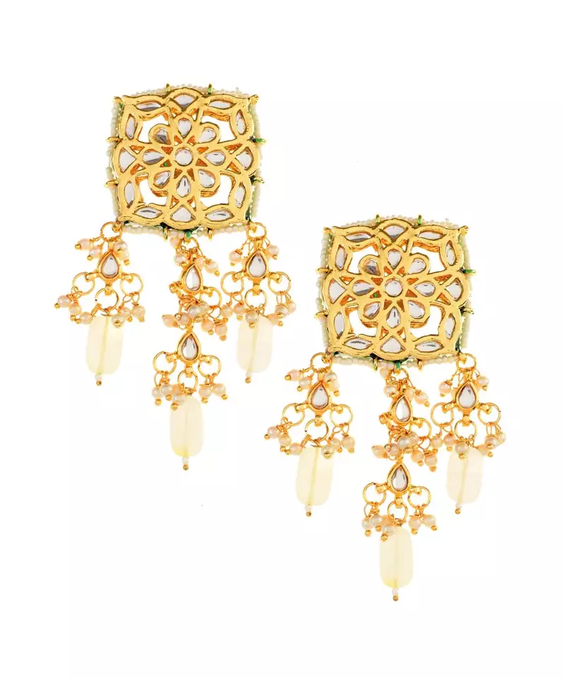 Cream Gold Toned  Kundan Earrings