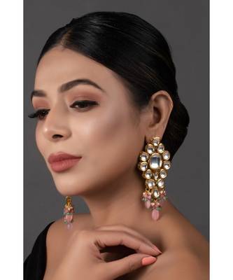 Handcrafted Pink Green Gold Tone Kundan Earrings 1