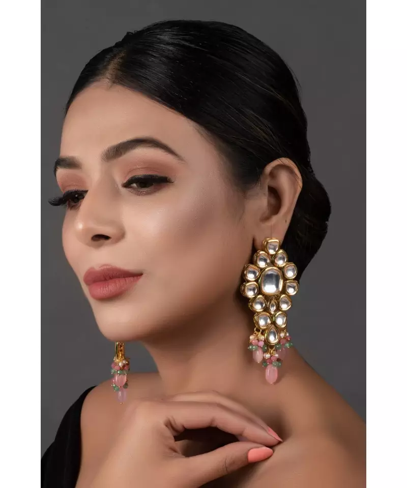 Handcrafted Pink Green Gold Tone Kundan Earrings