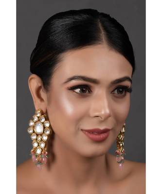 Handcrafted Pink Green Gold Tone Kundan Earrings 2