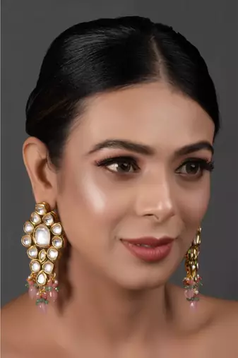 Handcrafted Pink Green Gold Tone Kundan Earrings