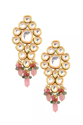 Handcrafted Pink Green Gold Tone Kundan Earrings