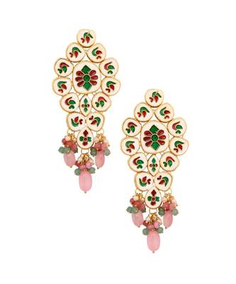 Handcrafted Pink Green Gold Tone Kundan Earrings 4
