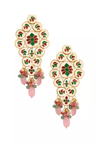 Handcrafted Pink Green Gold Tone Kundan Earrings