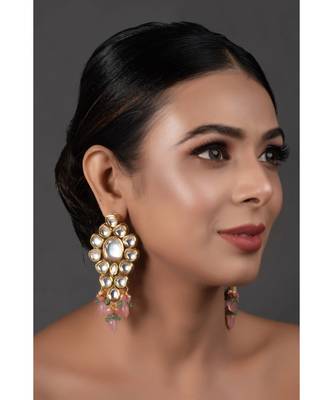 Handcrafted Pink Green Gold Tone Kundan Earrings 5