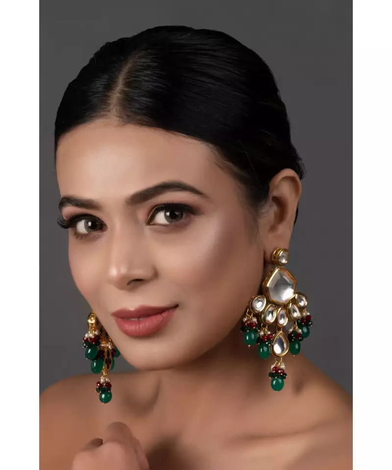 Handcrafted Emerald ruby Gold Tone Kundan Earrings