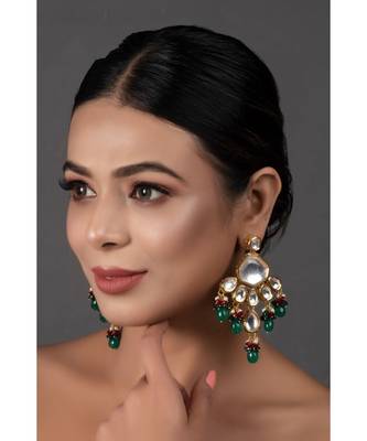 Handcrafted Emerald Ruby Gold Tone Kundan Earrings 4