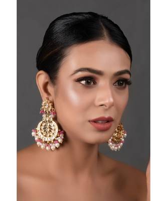 Pearl & Pink Beaded Gold Toned Kundan Earrings 1