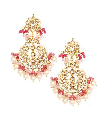 Pearl & Pink Beaded Gold Toned Kundan Earrings 2