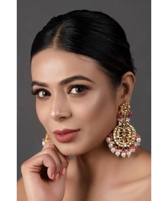 Pearl & Pink Beaded Gold Toned Kundan Earrings 4
