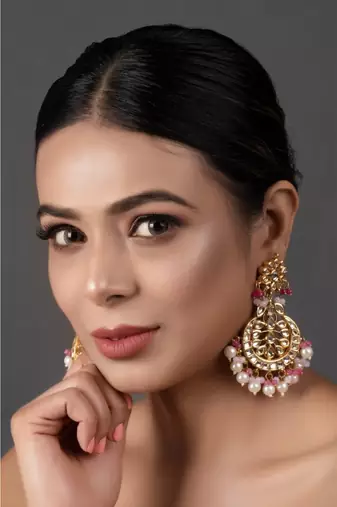 Pearl & Pink Beaded Gold Toned Kundan Earrings