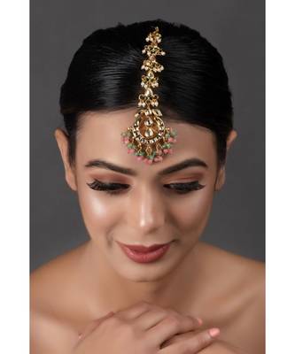 Pink Green Gold toned Kundan Mang Tika 2