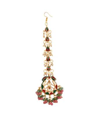 Pink Green Gold toned Kundan Mang Tika 4