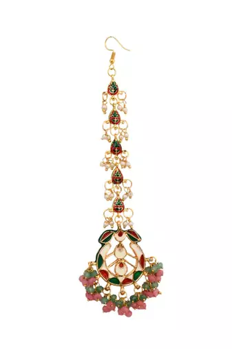 Pink Green Gold toned Kundan Mang Tika