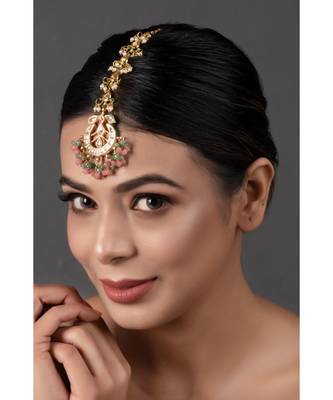 Pink Green Gold toned Kundan Mang Tika 5