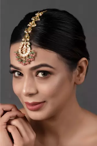 Pink Green Gold toned Kundan Mang Tika