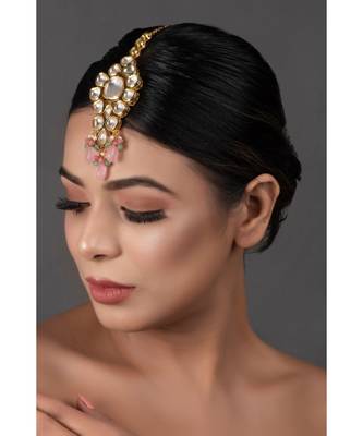 Pink Beaded Gold Tone Kundan Handcrafted Mang Tikka 1