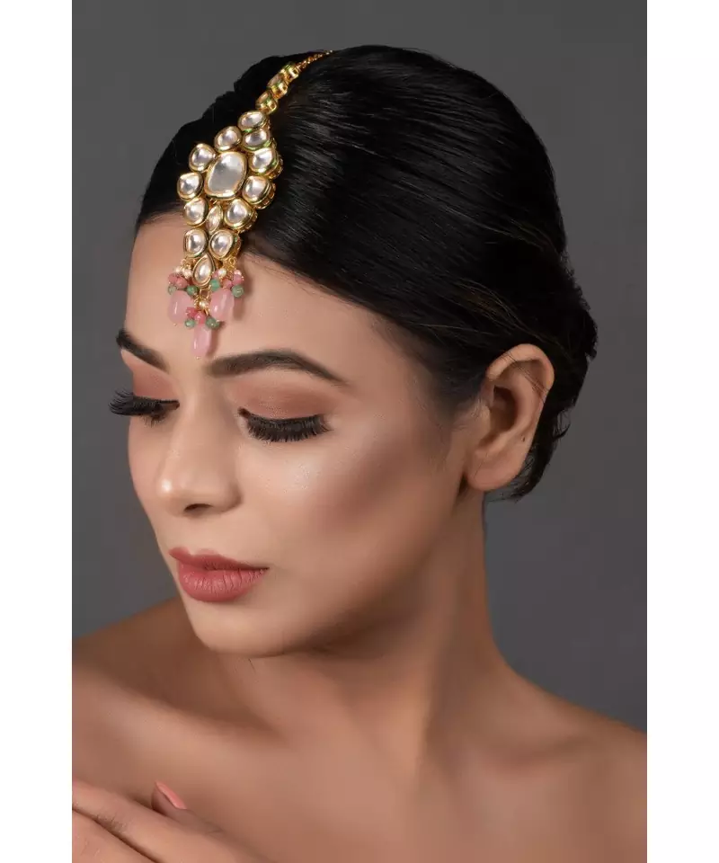 Pink Beaded Gold Tone Kundan Handcrafted Mang Tikka