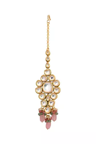 Pink Beaded Gold Tone Kundan Handcrafted Mang Tikka