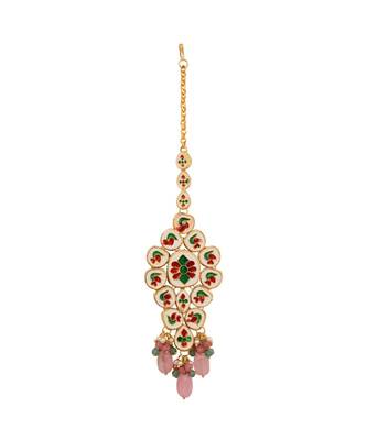 Pink Beaded Gold Tone Kundan Handcrafted Mang Tikka 4